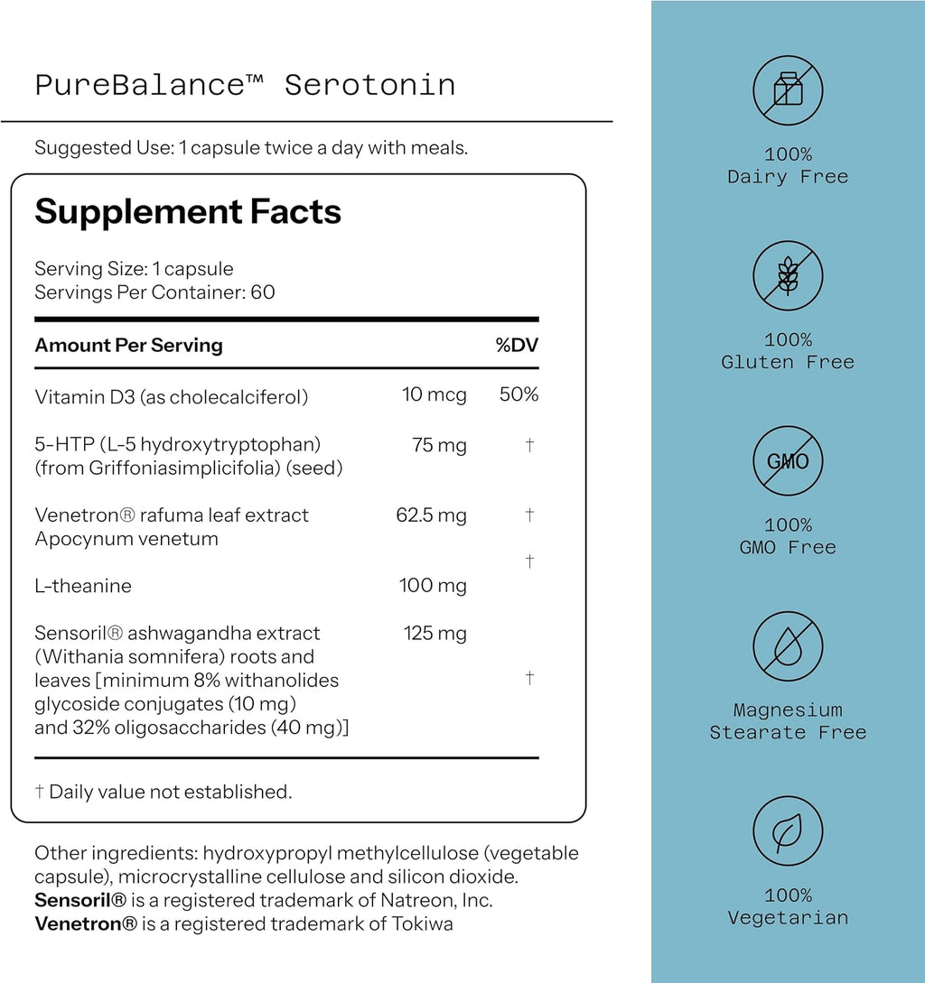 Quality of Life Pure Balance Serotonin Premium – 5-HTP, Venetron, Sensoril, Vitamina D3 y L-Teanina – 60 Cápsulas