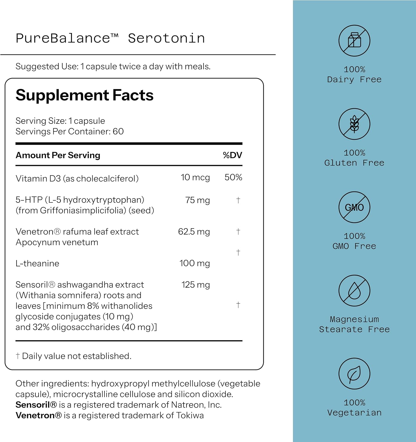 Quality of Life Pure Balance Serotonin Premium – 5-HTP, Venetron, Sensoril, Vitamina D3 y L-Teanina – 60 Cápsulas