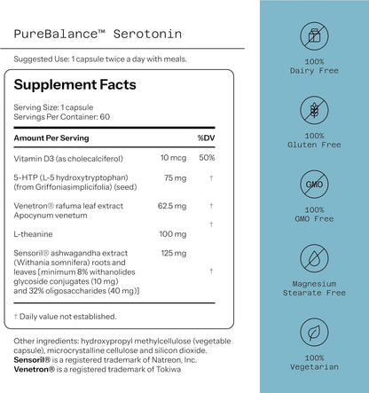 Quality of Life Pure Balance Serotonin Premium – 5-HTP, Venetron, Sensoril, Vitamina D3 y L-Theanina – 60 Cápsulas – Image 2
