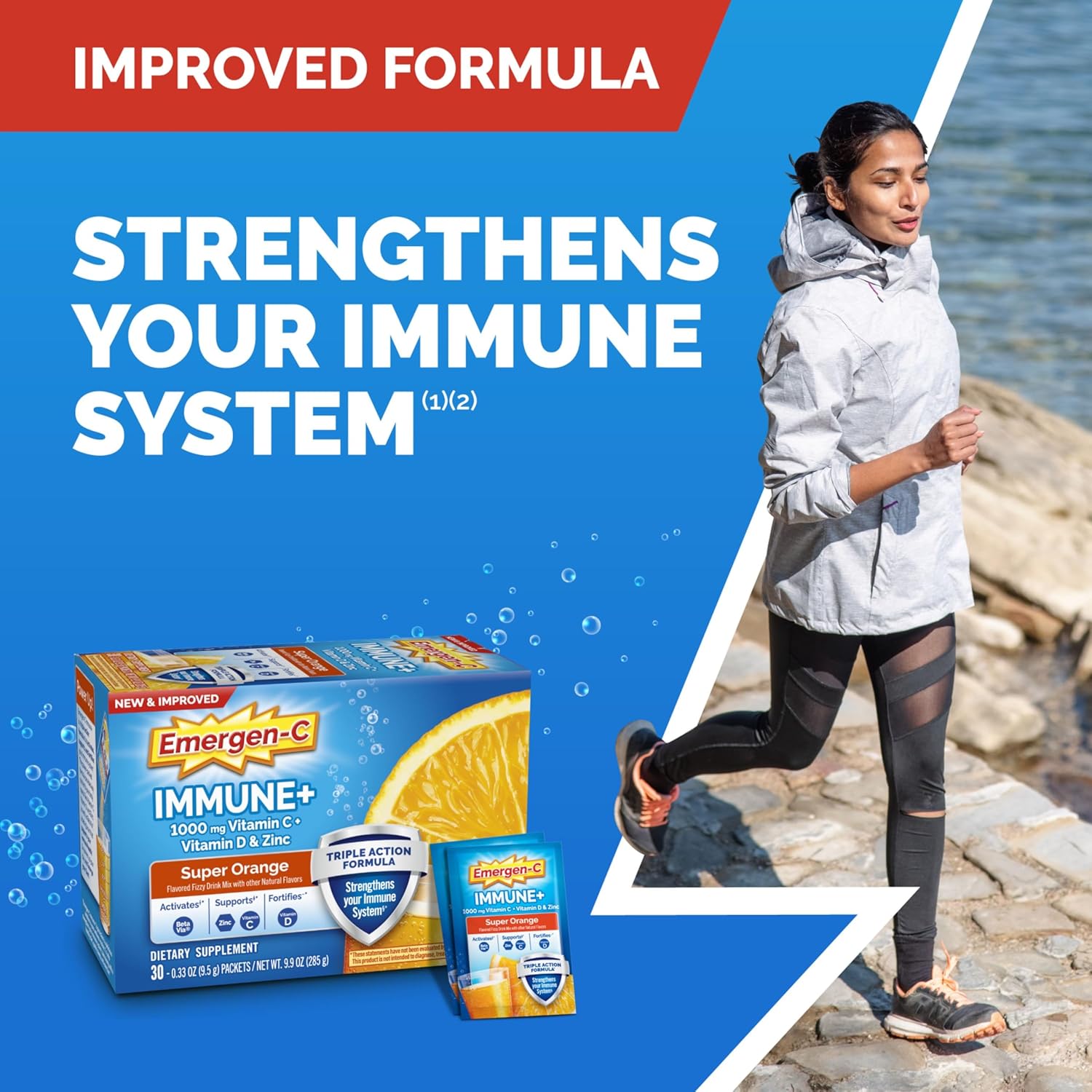Emergen-C Immune+ Triple Action - Polvo para Soporte Inmunitario con BetaVia, Vitamina C, Vitaminas B, Vitamina D y Antioxidantes, Sabor Naranja - 50 Sobres