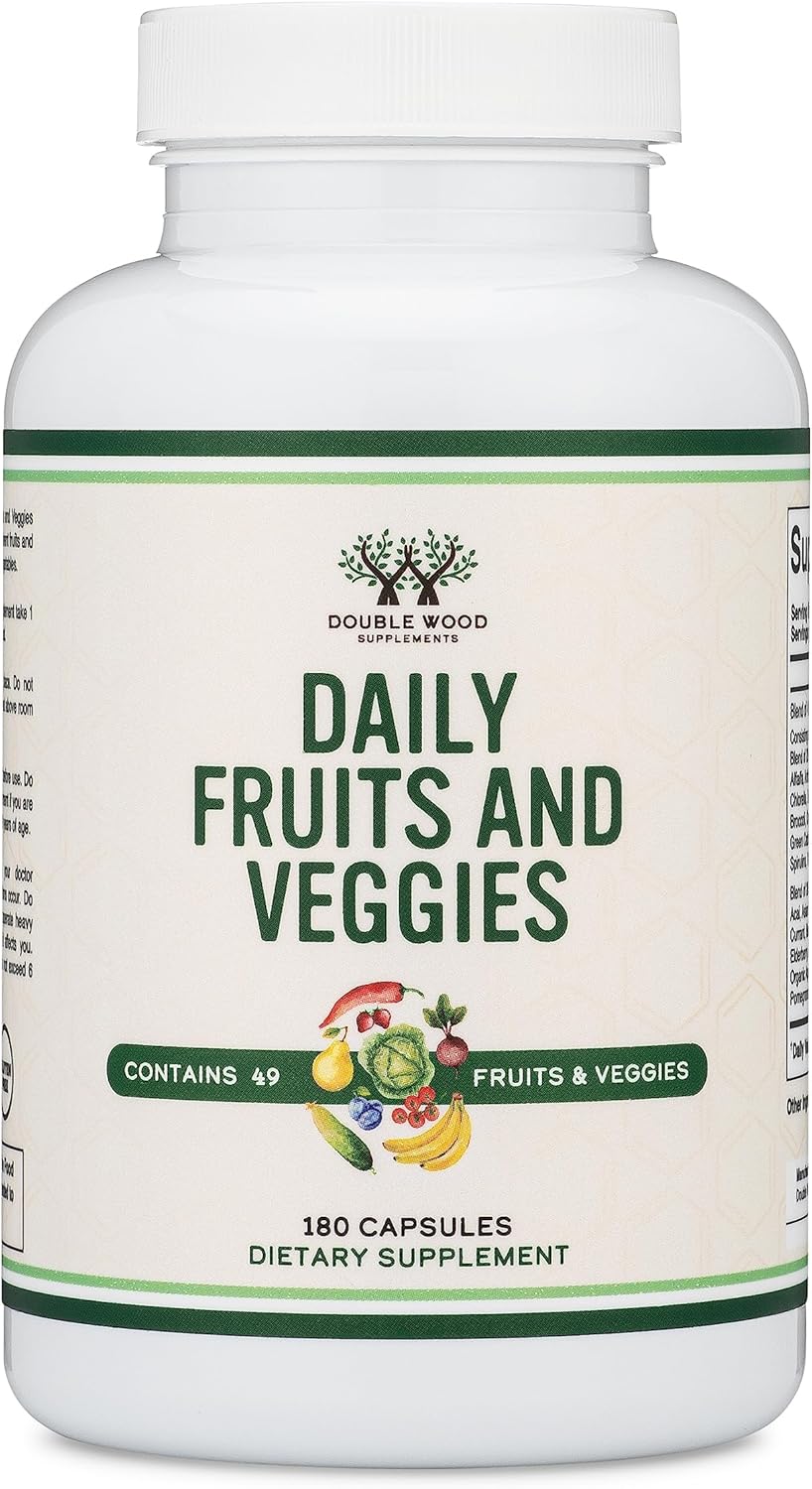 Double Wood Suplemento de Frutas y Verduras - Mezcla de 49 Frutas y Verduras - 1,500 mg por Ración - 180 Cápsulas