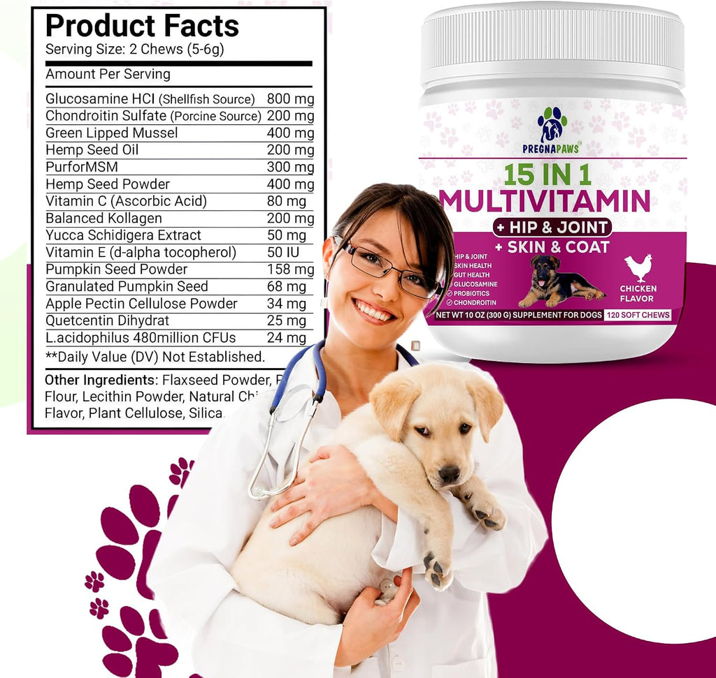 15-en-1 Multivitamínico Posparto para Perros - Recuperación, Articulaciones, Piel y Pelaje - Probióticos para Perras Lactantes - 120 Comprimidos Masticables Sabor Pollo