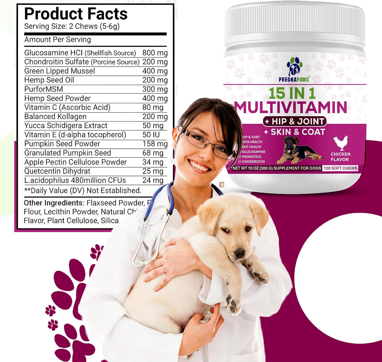 15-en-1 Multivitamínico Posparto para Perros - Recuperación, Articulaciones, Piel y Pelaje - Probióticos para Perras Lactantes - 120 Comprimidos Masticables Sabor Pollo