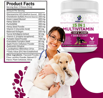 15-en-1 Multivitamínico Posparto para Perros - Recuperación, Articulaciones, Piel y Pelaje - Probióticos para Perras Lactantes - 120 Comprimidos Masticables Sabor Pollo