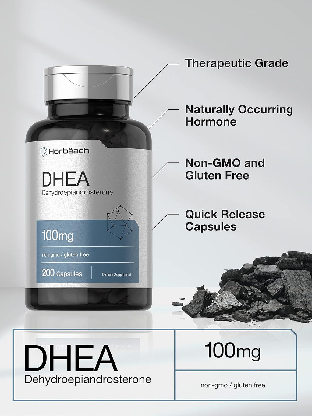 Horbäach DHEA 100mg | 200 Cápsulas | Suplemento para Hombres y Mujeres | No OGM, Sin Gluten