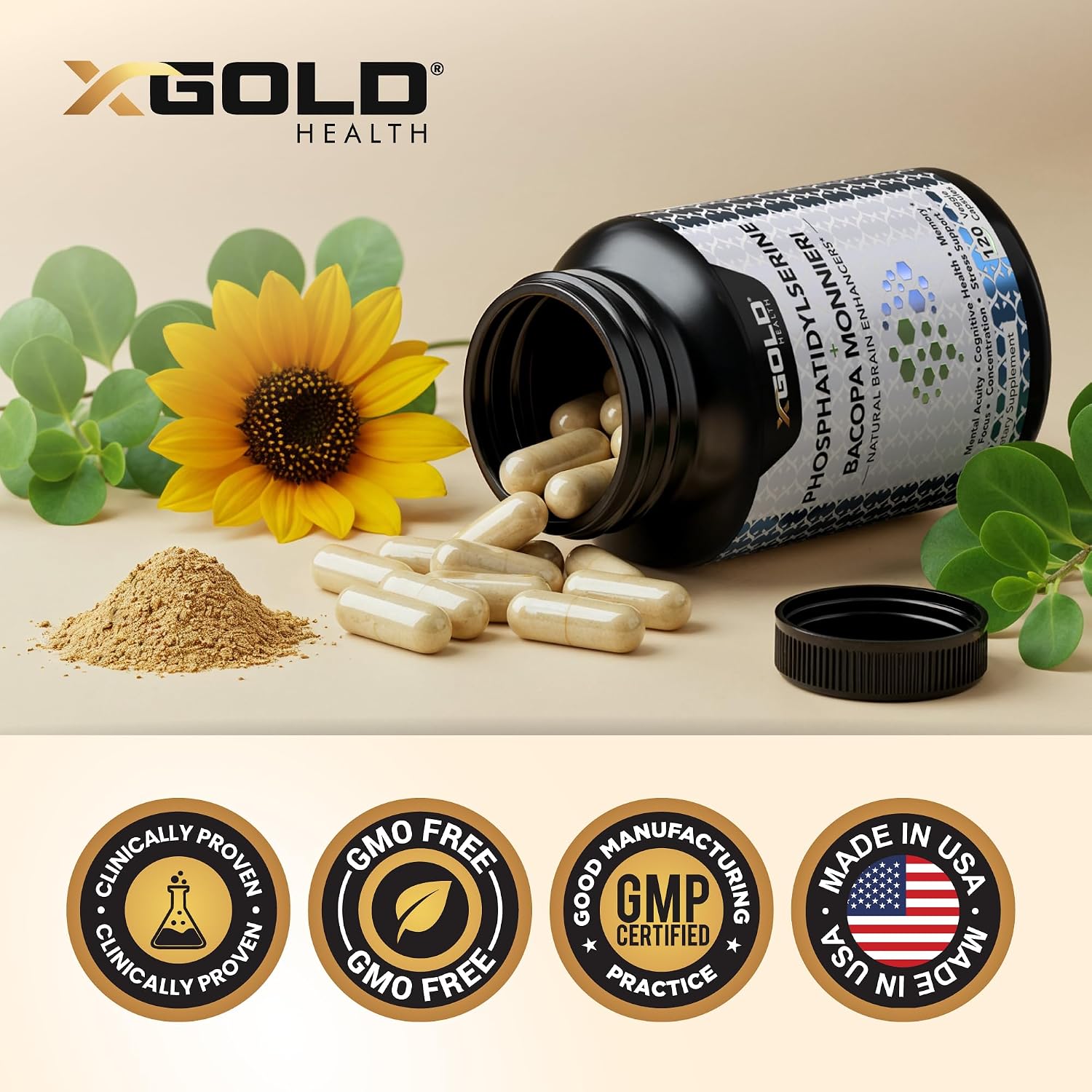 X Gold Health Phosphatidylserine y Bacopa Monnieri 800 mg | Suplemento Nootrópico para el Enfoque y la Memoria | 120 Cápsulas Vegetales