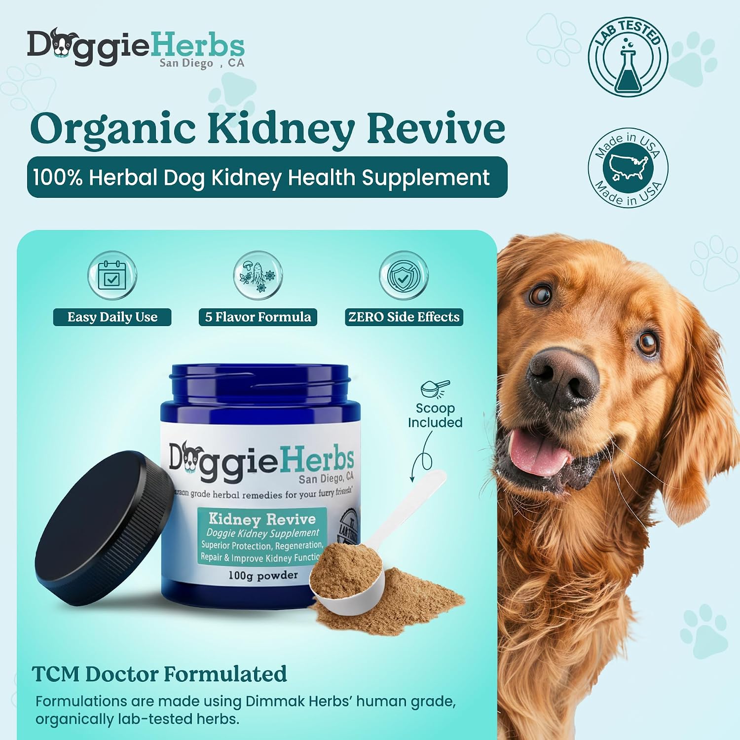 Doggie Herbs Apoyo Renal Orgánico para Perros Mayores - Polvo de Rehmannia y Cordyceps - Suplemento para la Salud Renal y de la Vejiga - Grado Humano