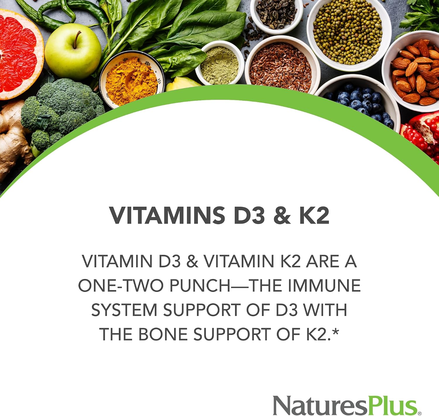 NaturesPlus Vitamina D3 y K2 - 90 Comprimidos - Vegetariano, Sin Gluten