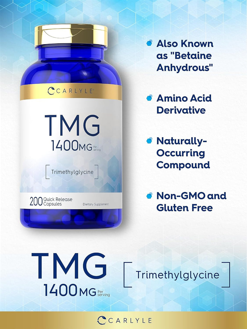Carlyle Suplemento TMG | 1400mg | 200 Cápsulas de Trimetilglicina de Liberación Rápida | No OGM y Sin Gluten