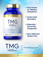 Carlyle Suplemento TMG | 1400mg | 200 Cápsulas de Trimetilglicina de Liberación Rápida | No OGM y Sin Gluten