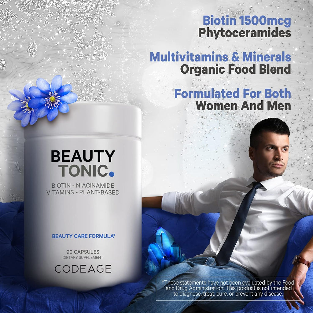 Codeage Beauty Tonic - Suplemento de Biotina 1500 mcg con Vitaminas y Alimentos Orgánicos - 90 Cápsulas Veganas