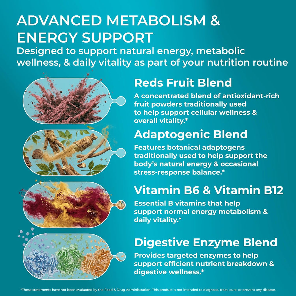 PUREHEALTH RESEARCH Metabolic Reds - Superfood Orgánico en Polvo con Frutas, Verduras, Adaptógenos y Probióticos - 117 g (30 porciones)