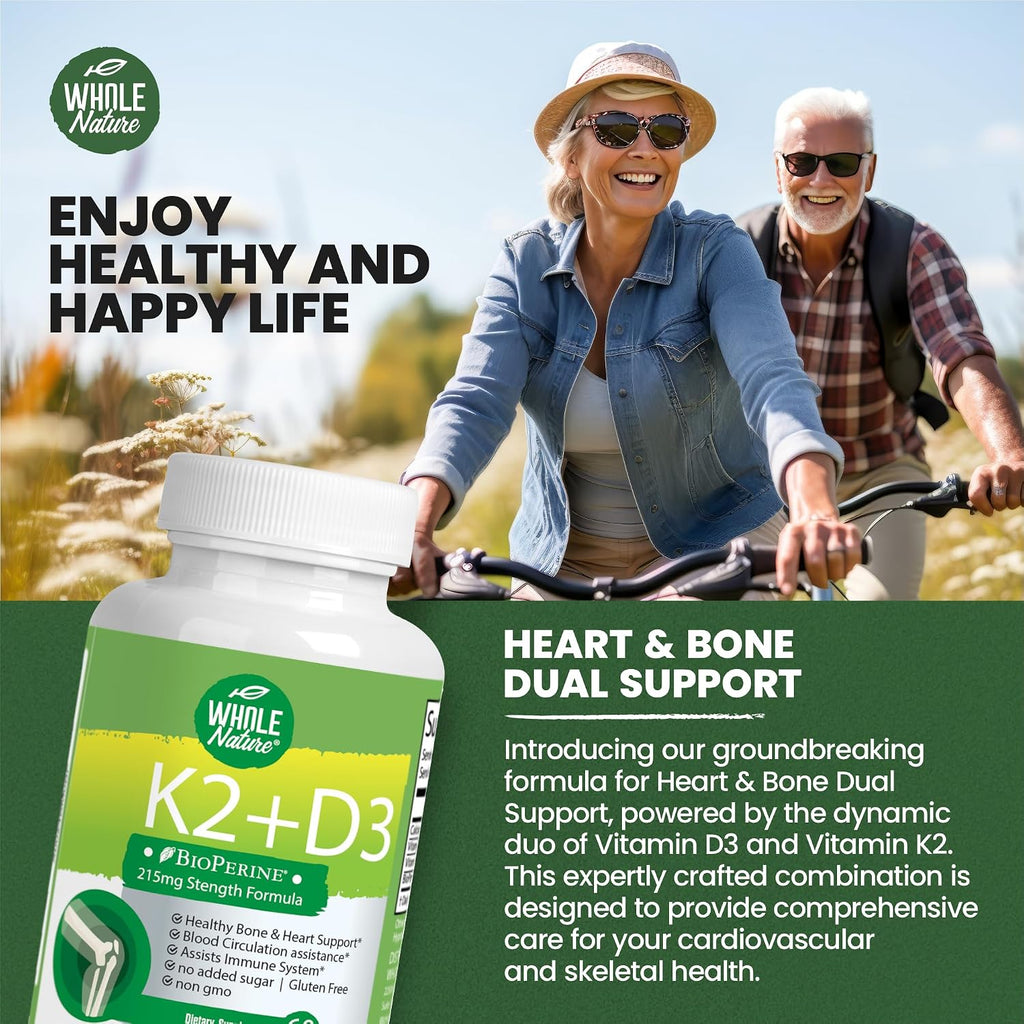Whole Nature Vitamina D3 + K2 MK-7 con BioPerine - 5000 UI D3 + K2 MK-7 para Huesos - 60 Cápsulas Veganas