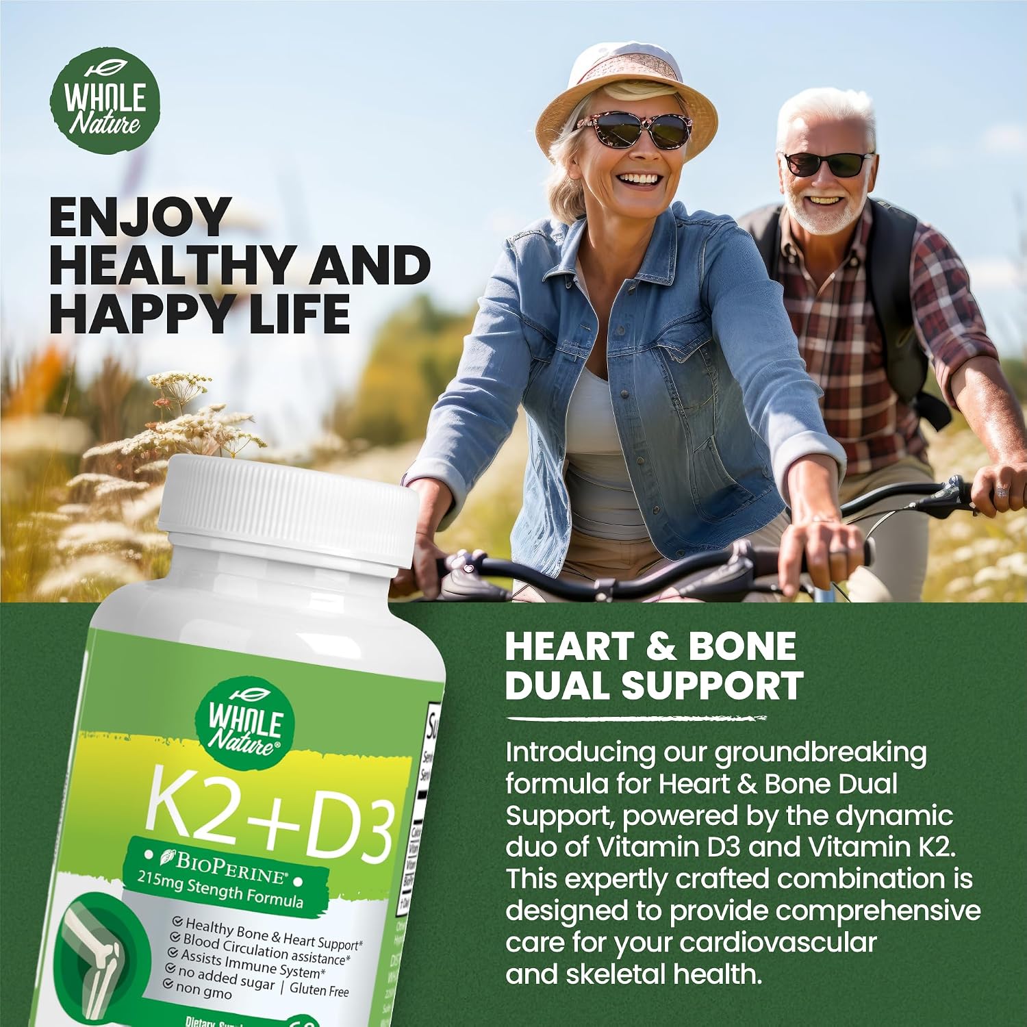 Whole Nature Vitamina D3 + K2 MK-7 con BioPerine - 5000 UI D3 + K2 MK-7 para Huesos - 60 Cápsulas Veganas