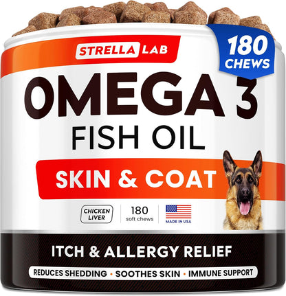 StrellaLab Golosinas de Aceite de Salmón para Perros (180 golosinas) - Omega 3 para alivio de alergias y picazón, salud de – Image 1