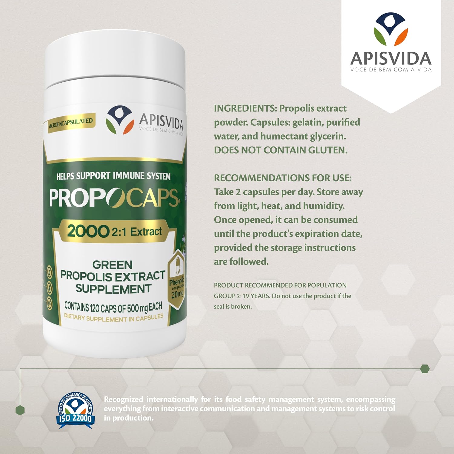 APIS VIDA PropoCaps 2000 - Cápsulas de Extracto de Propóleo Verde Microencapsulado - 20mg de Compuestos Fenólicos por Cápsula - Rico en Flavonoides - Sin Gluten - 120 Cápsulas