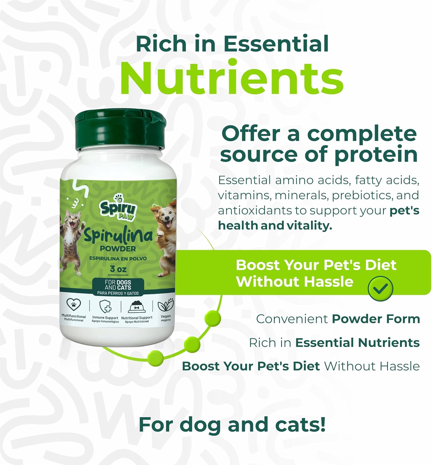 Spirulina en Polvo para Perros y Gatos, Complemento Alimenticio a Base de Microalgas, 85 g
