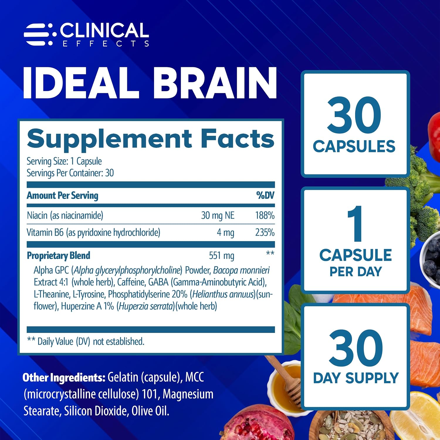Clinical Effects Ideal Brain - Suplemento Nootrópico con Vitaminas B, GABA y Alpha-GPC, 30 Cápsulas Veganas