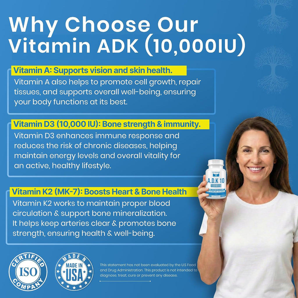 LifeStrength ADK 10 - Vitaminas A1, D3 y K2 (MK-7) - 90 Cápsulas