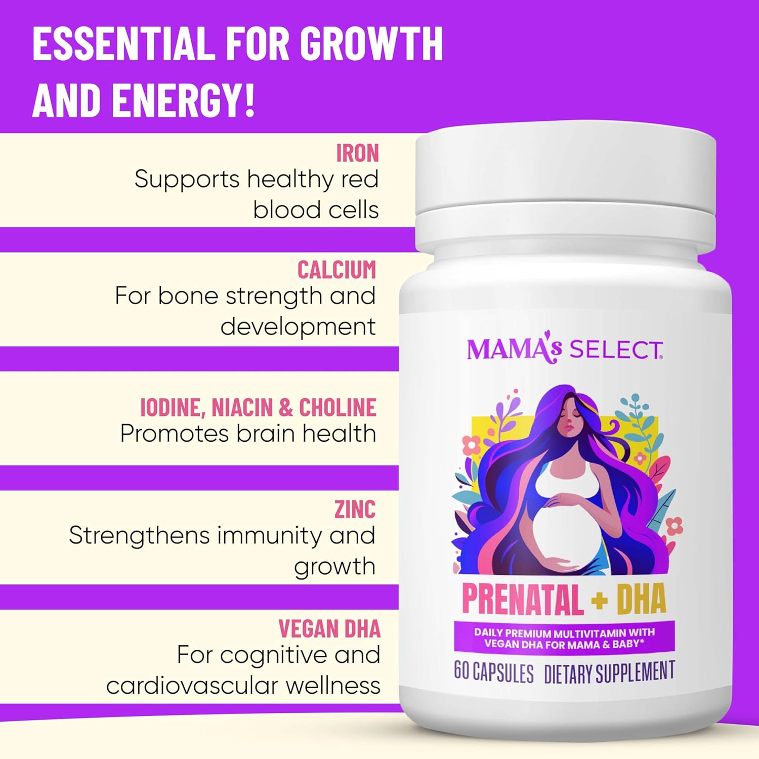 Mama's Select Vitaminas Prenatales con DHA Vegano – Sin Pescado, Sin Eructos de Pescado, Sin Alérgenos, Apoyo MTHFR, Folato Metilado y Vitaminas B, Amigable Digestivo, Sin Biotina