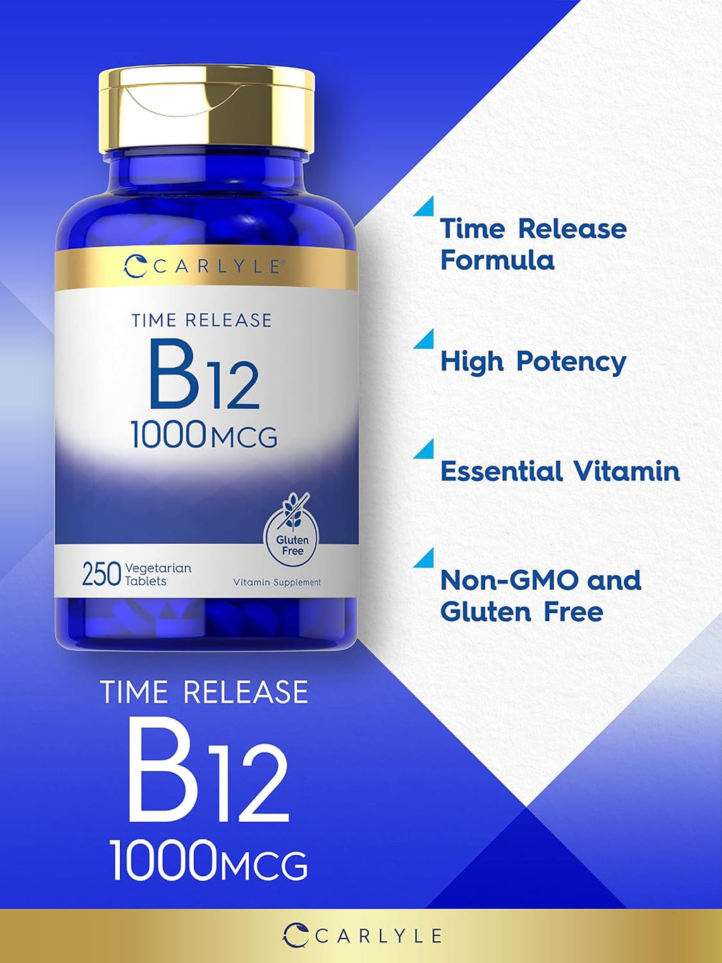 Carlyle Vitamina B12 1000 mcg | 250 Comprimidos | Liberación Prolongada | Cianocobalamina | Vegetariano, No GMO y Sin Gluten