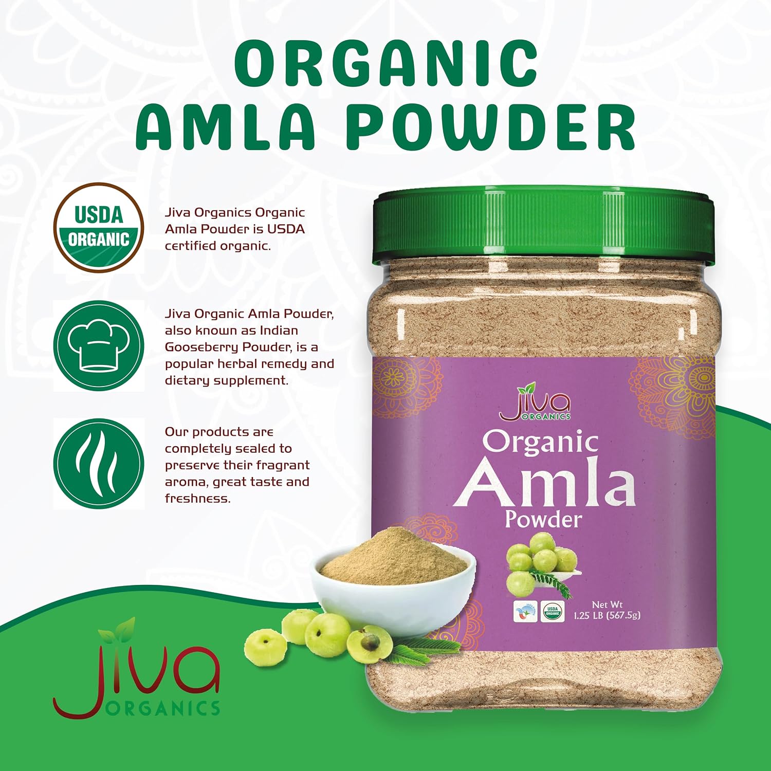 Polvo de Amla Orgánico 567 g - Puro, Libre de Gluten, No GMO, Amalaki de India, Vitamina C - Jiva Organics