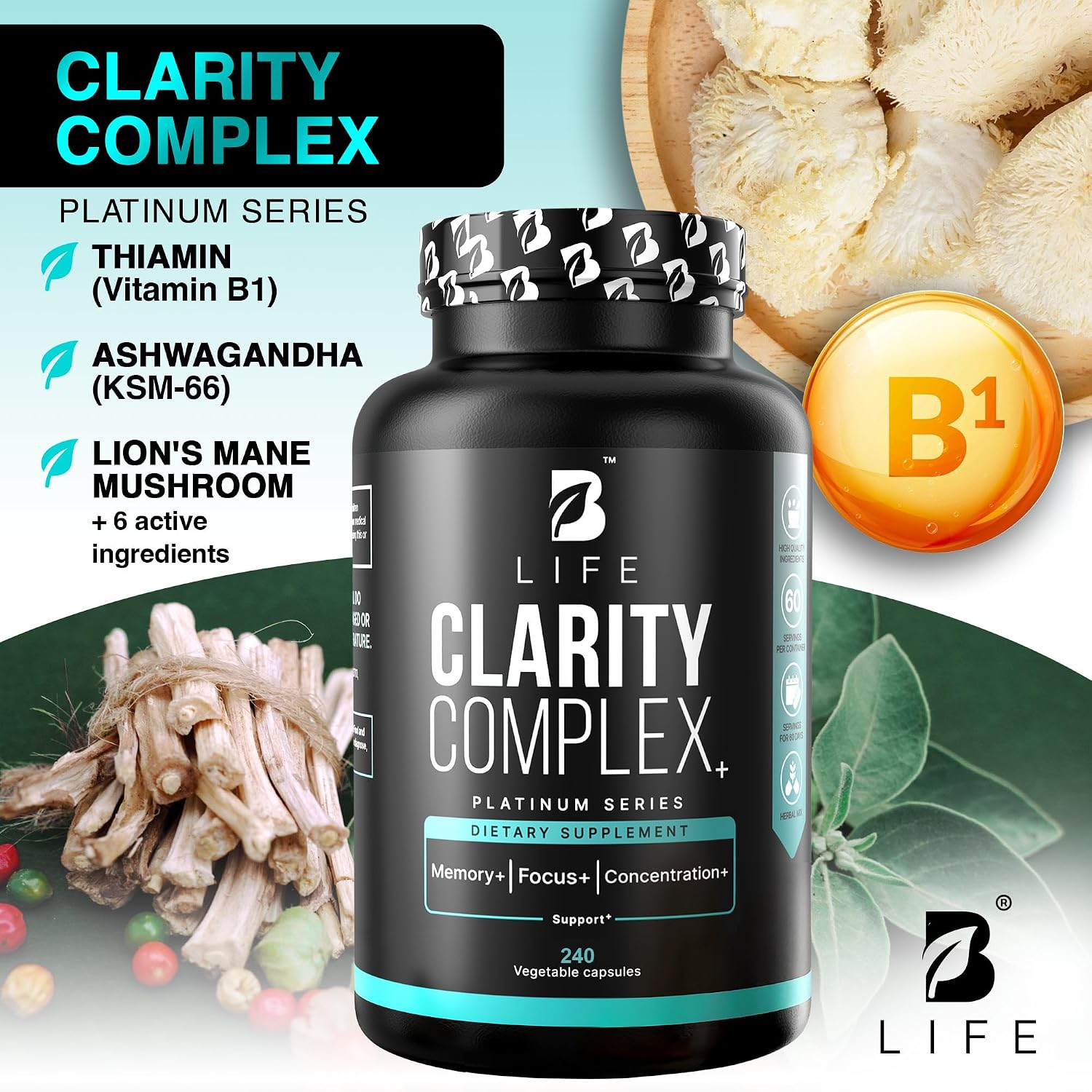 Cápsulas de Lion's Mane – Memoria, Enfoque y Claridad – Suplemento Nootrópico con Ashwagandha, Tiamina (B1), Magnesio L-Treonato – 240 Cápsulas