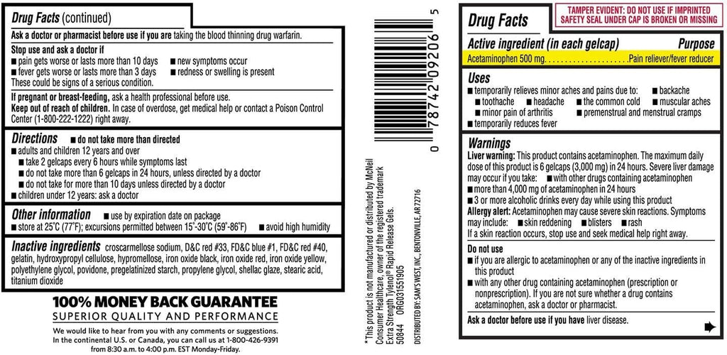 Paracetamol de Liberación Rápida 500 mg, 400 Cápsulas