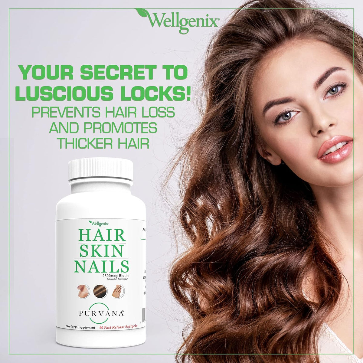 Wellgenix Purvana Suplemento para Cabello, Piel y Uñas – 2500mcg Biotina con MSM y Complejo B – 90 Cápsulas Blandas – Image 8