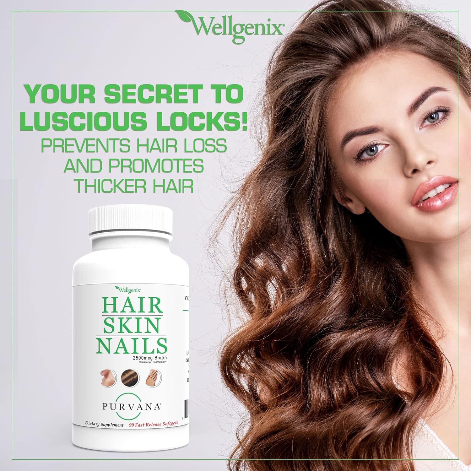 Wellgenix Purvana Suplemento para Cabello, Piel y Uñas – 2500mcg Biotina con MSM y Complejo B – 90 Cápsulas Blandas