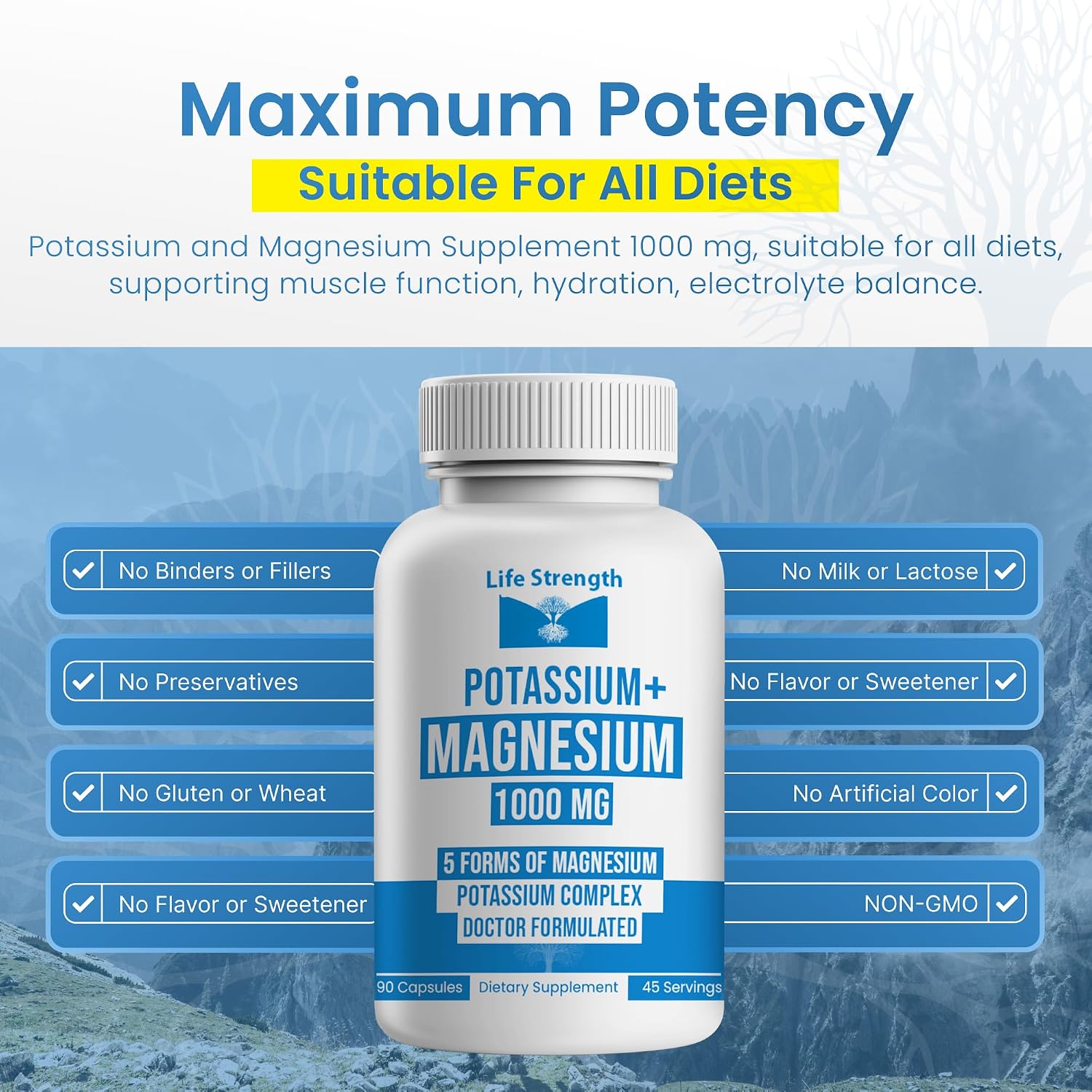 Life Strength Potasio y Magnesio 1000mg - 90 Cápsulas