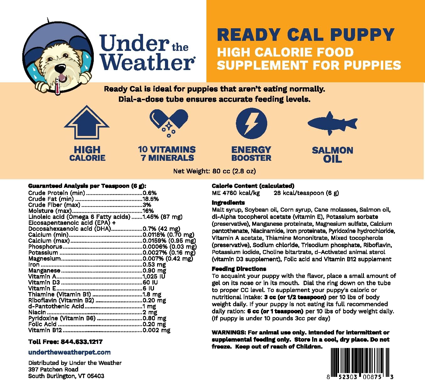Under the Weather Ready Cal para Cachorros - Suplemento Calórico 80cc