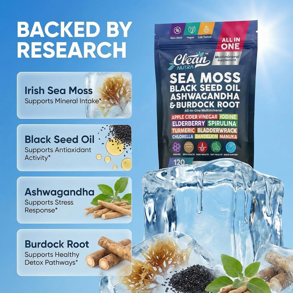 Clean Nutraceuticals Sea Moss Black Seed Oil Ashwagandha Turmeric Bladderwrack Burdock con Vitamina C y D3, 120 cápsulas