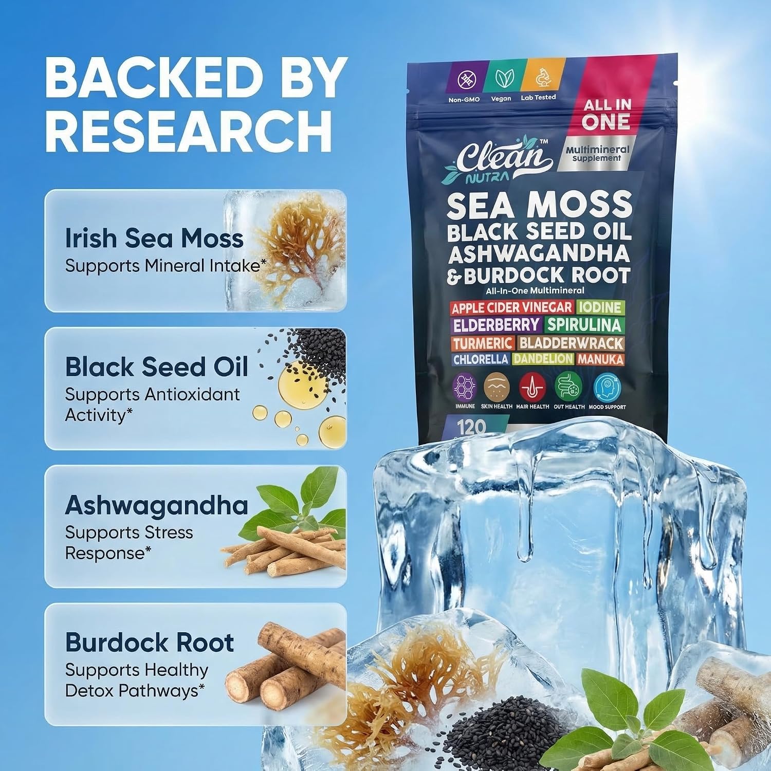 Clean Nutraceuticals Sea Moss Black Seed Oil Ashwagandha Turmeric Bladderwrack Burdock con Vitamina C y D3, 120 cápsulas