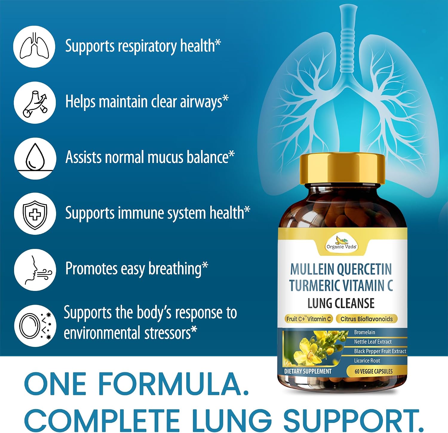 Organic Veda Mullein Quercetin Turmeric – 13 en 1 Suplemento Pulmonar (60 Cápsulas)