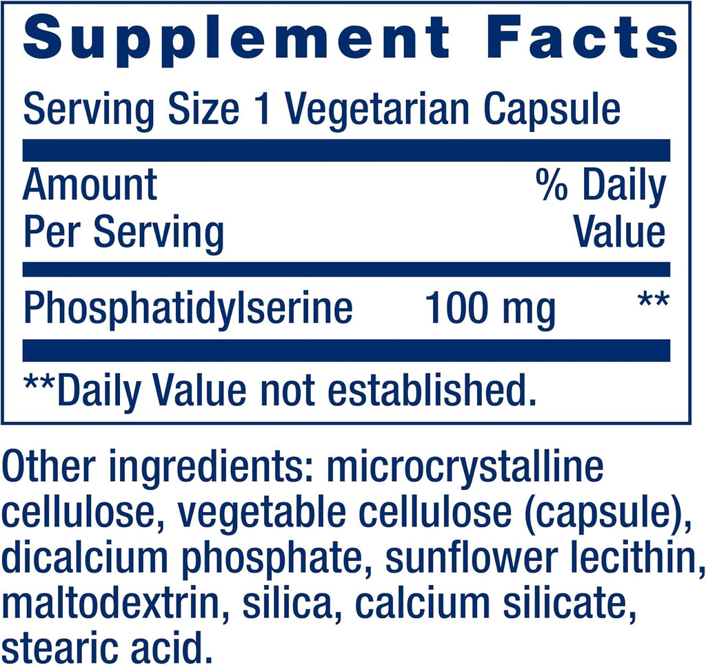 Life Extension PS Caps, Fosfatidilserina para Rendimiento Cognitivo, Sin Gluten, No-GMO, Vegetariano, 100 Cápsulas