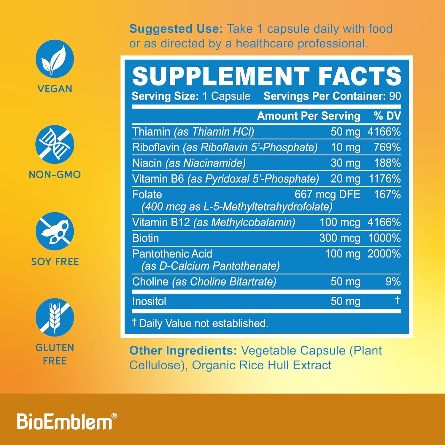 BioEmblem Complejo B – Vitaminas B Completo con Formas Metiladas Activas | Apoya Energía, Claridad Mental y Salud Inmunitaria | No GMO, Vegano, Sin Soja, Sin Gluten | 270 Cápsulas