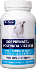 Vitaminas prenatales para perros Dr. Oscar – 2 en 1 prenatales y posnatales con ácido fólico, omega 3, probióticos, colina e inositol – 90 comprimidos