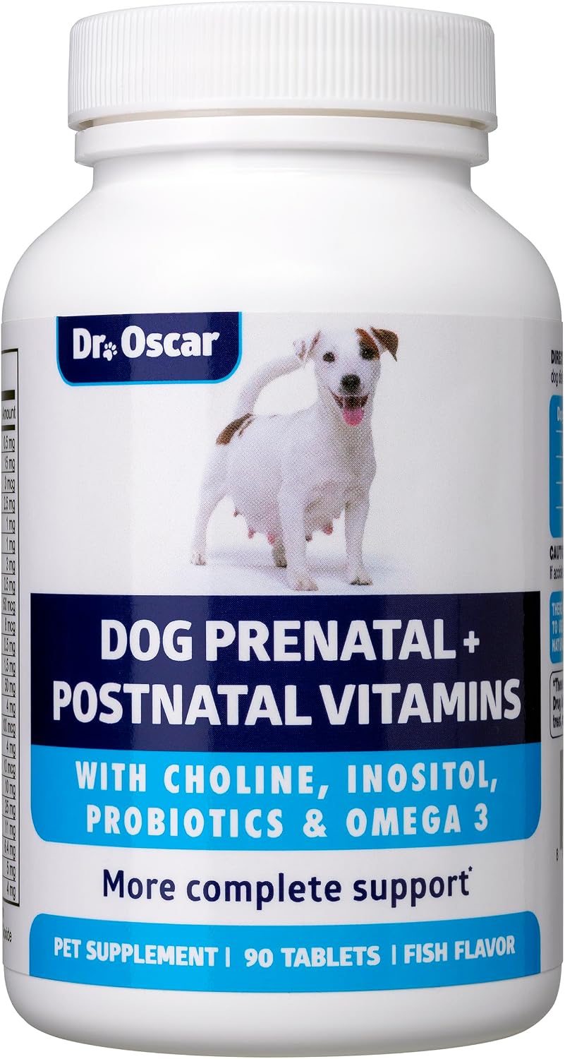 Vitaminas prenatales para perros Dr. Oscar – 2 en 1 prenatales y posnatales con ácido fólico, omega 3, probióticos, colina e inositol – 90 comprimidos