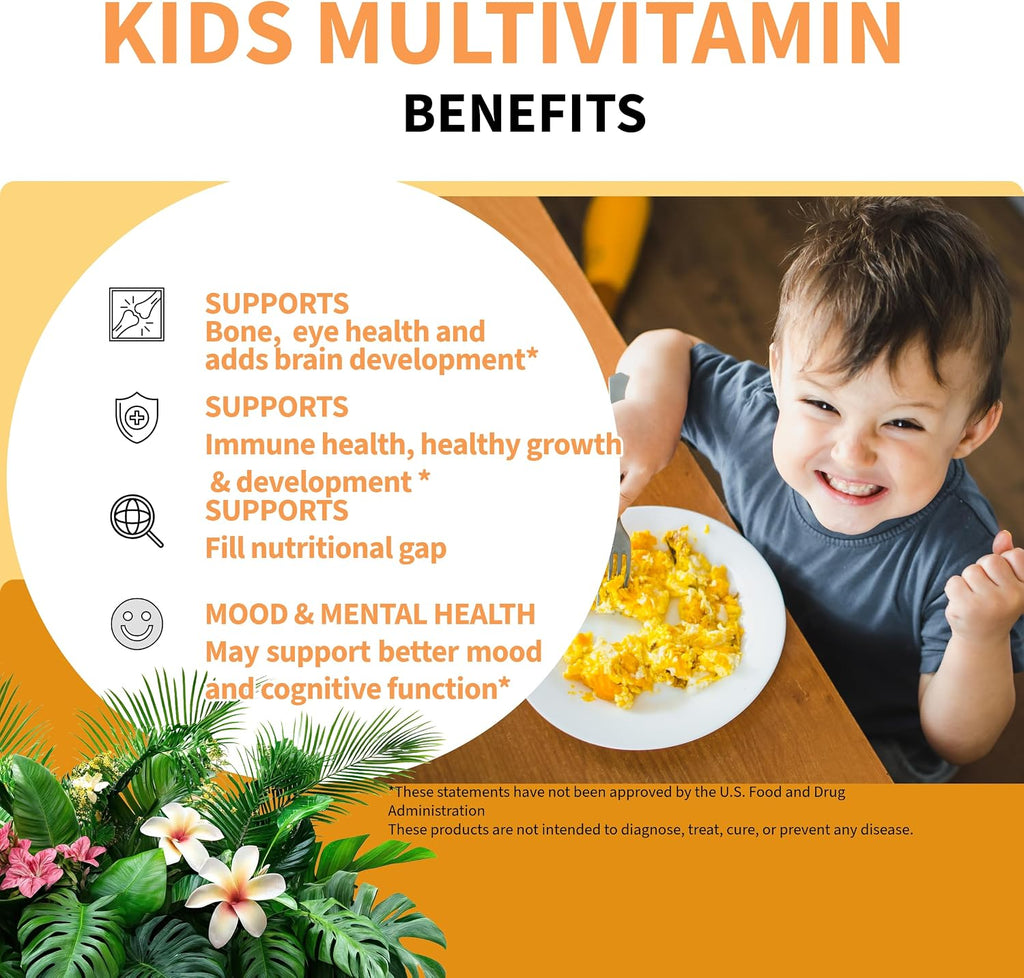 Kids Multivitamin Gummies con Magnesio y Probióticos - Vegano, Sin Gelatina, Halal, Sabores Naranja y Fresa, 90 Unidades