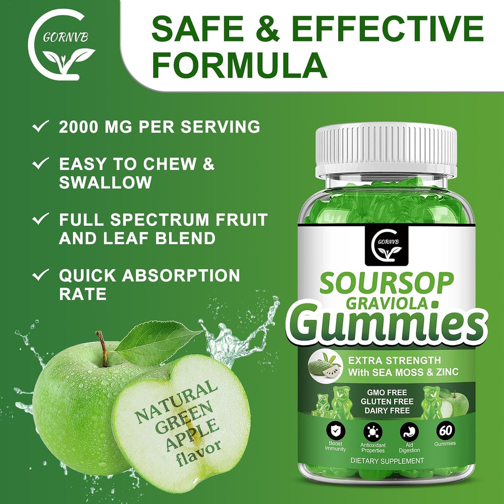 Gominolas Orgánicas de Soursop Graviola - 2200mg Extracto de Hojas de Soursop con Musgo Marino, Zinc y Vitamina C - 60 Gominolas