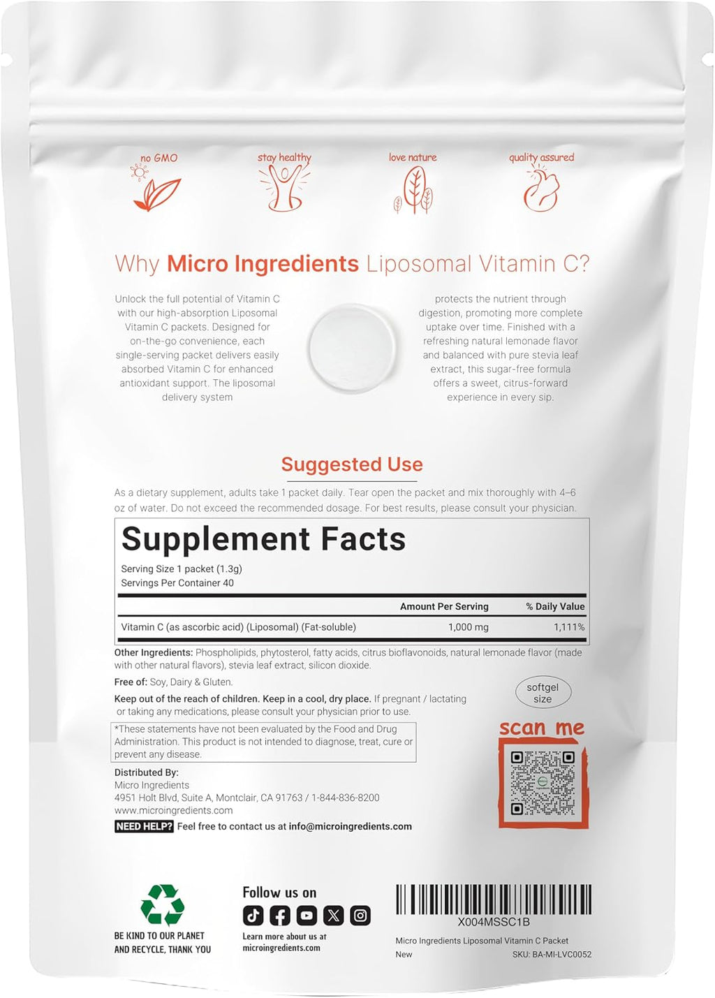 Micro Ingredients Vitamina C Liposomal 1000 mg - 40 Sobres de Polvo para Mezclar, Sabor Limonada, Sin Azúcar