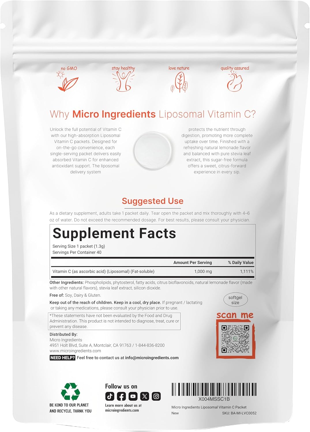 Micro Ingredients Vitamina C Liposomal 1000 mg - 40 Sobres de Polvo para Mezclar, Sabor Limonada, Sin Azúcar