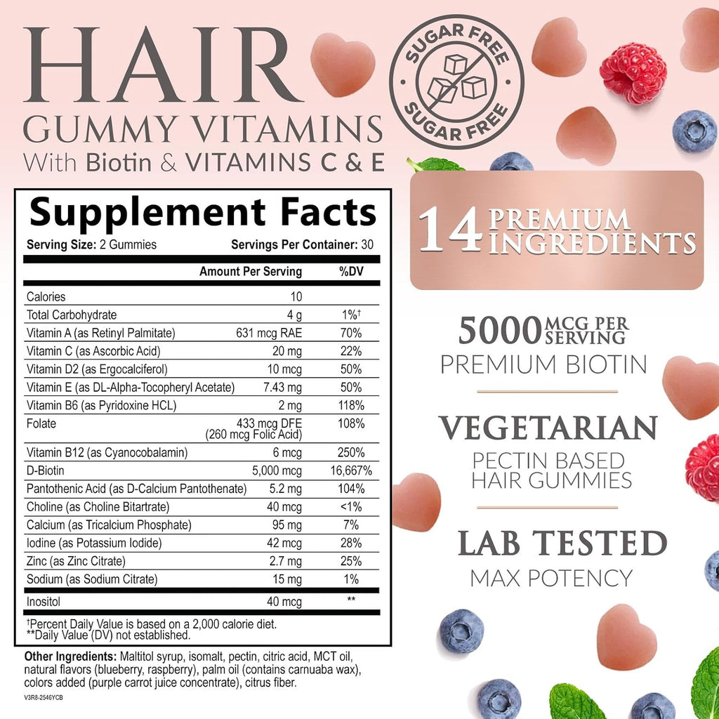 Hair Vitamins Gummies - Gominolas Sin Azúcar con Biotina 5000 mcg, Vitaminas A, B12, C, D, E y Ácido Fólico - 60 Gominolas