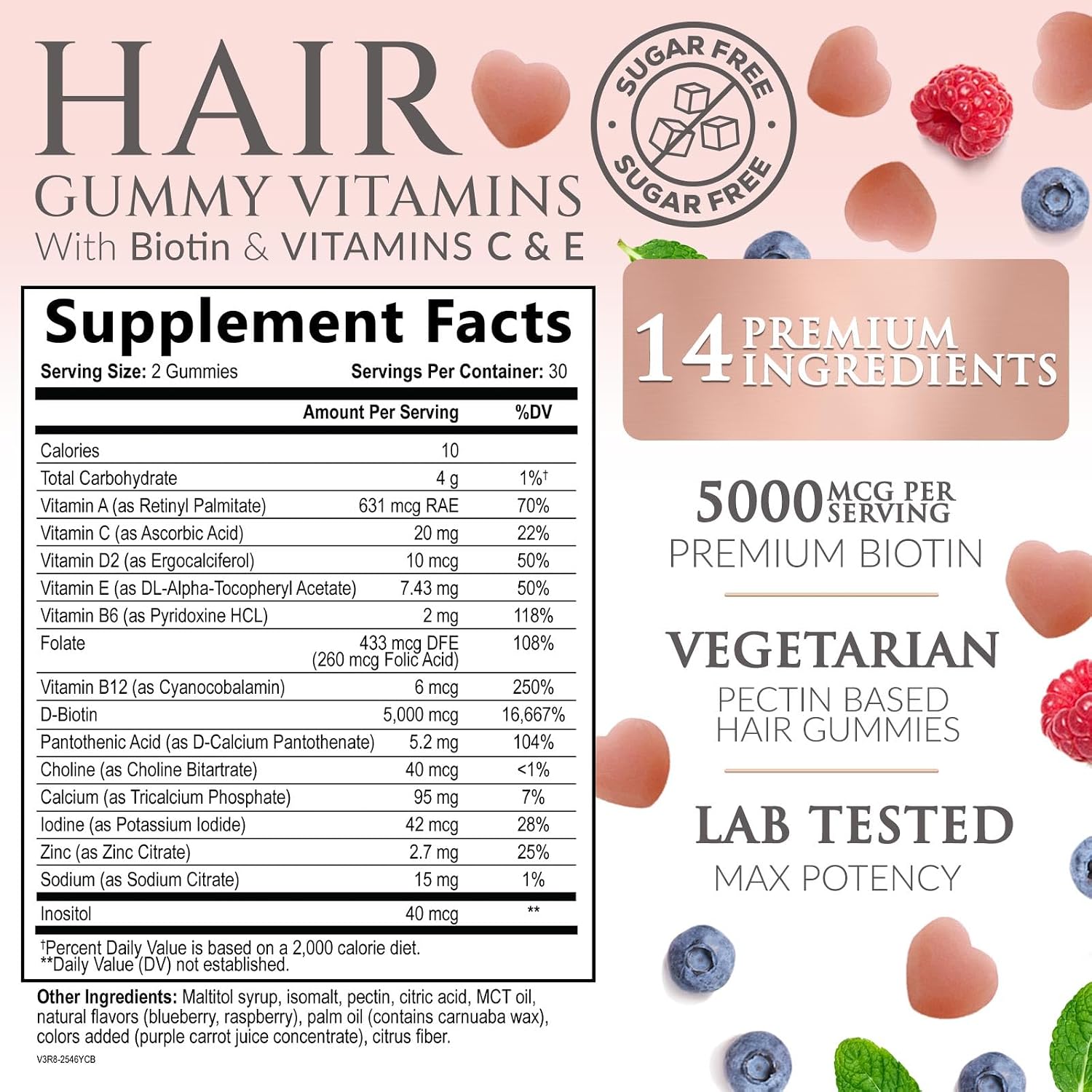 Hair Vitamins Gummies - Gominolas Sin Azúcar con Biotina 5000 mcg, Vitaminas A, B12, C, D, E y Ácido Fólico - 60 Gominolas
