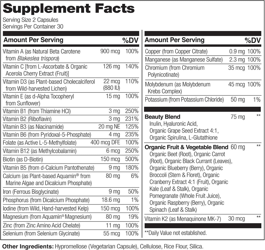 NATURELO Multivitamínico Integral con Apoyo Extra para Cabello, Piel y Uñas - Mezcla de Belleza con Ácido Hialurónico y Semilla de Uva - Biotina de Alta Potencia, Vitamina C y Glutatión - 60 Cápsulas Veganas