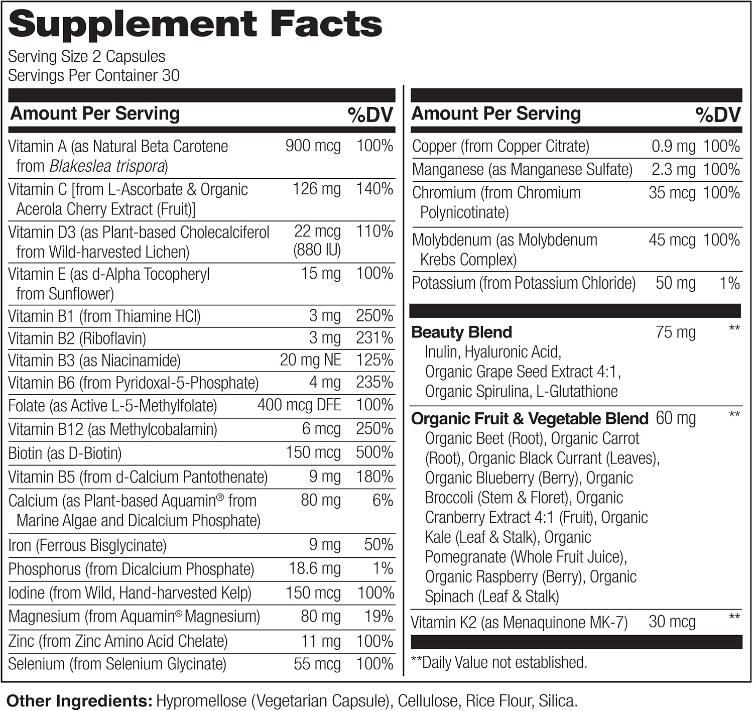 NATURELO Multivitamínico Integral con Biotina, Ácido Hialurónico y Extracto de Uva - 60 Cápsulas Veganas (Pack de 2)