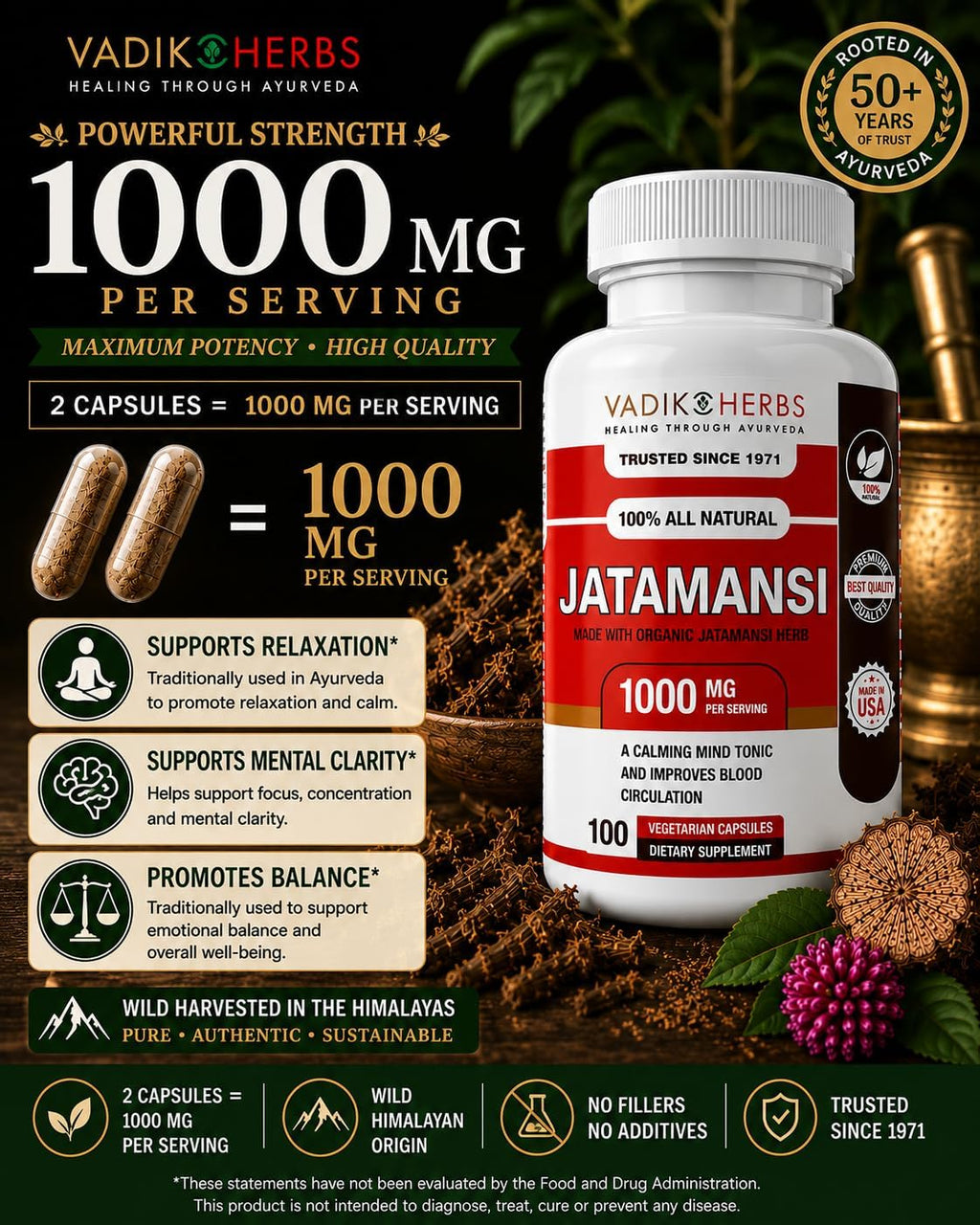 Vadik Herbs Jatamansi Cápsulas 1000mg – Raíz Orgánica de Jatamansi (Nardostachys jatamansi) – Hierba Ayurvédica para la Calma, Claridad y Sueño Reparador – 100 Cápsulas Vegetales – No Transgénico
