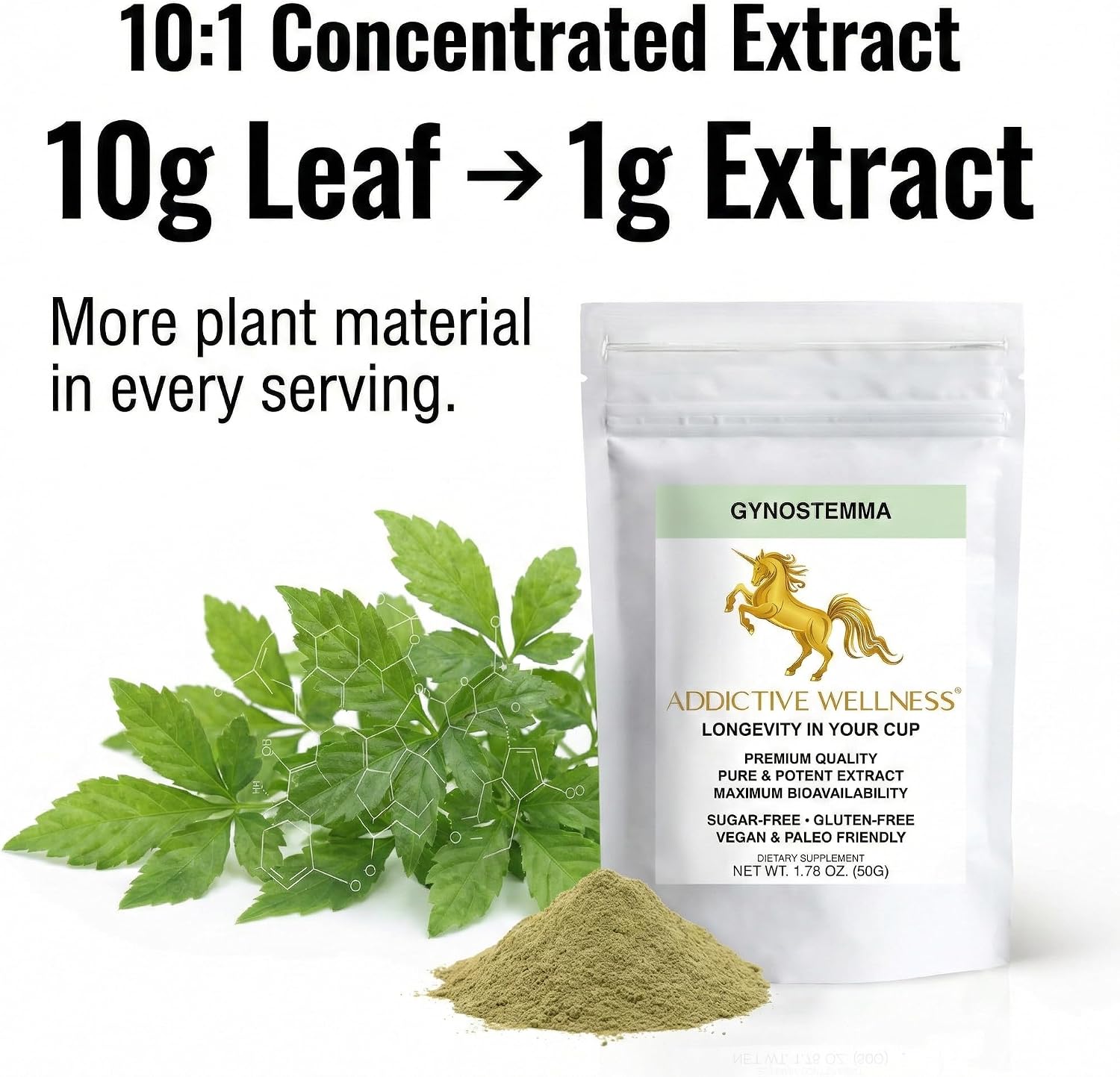 Addictive Wellness Gynostemma Leaf Extract Powder - Extracto Puro de Jiaogulan, Adaptógeno para Energía, 1 Sobre