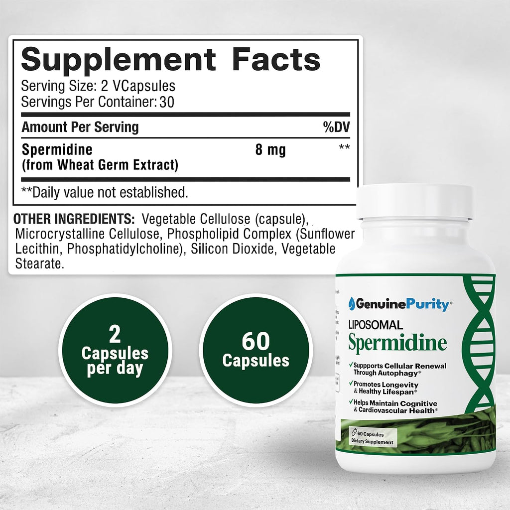 GenuinePurity Espermidina Liposomal 8 mg - 60 Cápsulas - Extracto de Germen de Trigo - Vegano, Sin Gluten, No-GMO